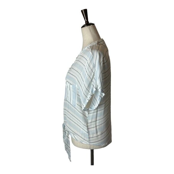 Olivaceous Blue White and‎ Gray Striped Tie Front Button Down Blouse M - Picture 3 of 9